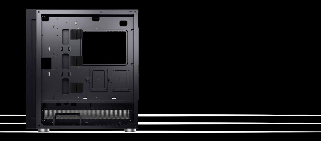 A black DIYPC IDX6 has its panel removed to show the motherboard tray.